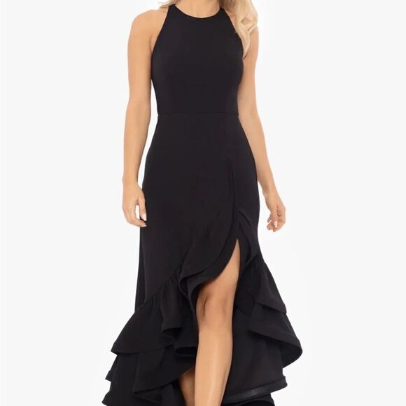 Betsy & Adam A22845  "ARIELLE" SCUBA CREPE RUFFLE SLIT GOWN size 12 - Picture 7 of 8